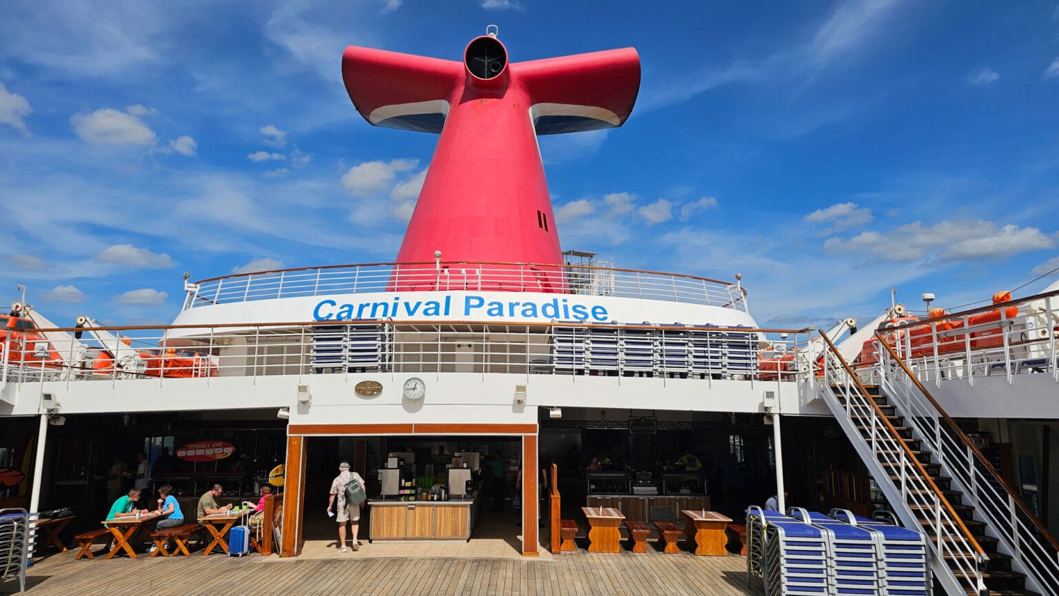 Carnival Paradise cruise ship deck and red funnel