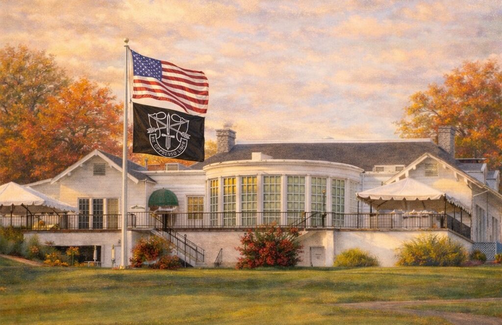 Clubhouse with American and POW flags in autumn