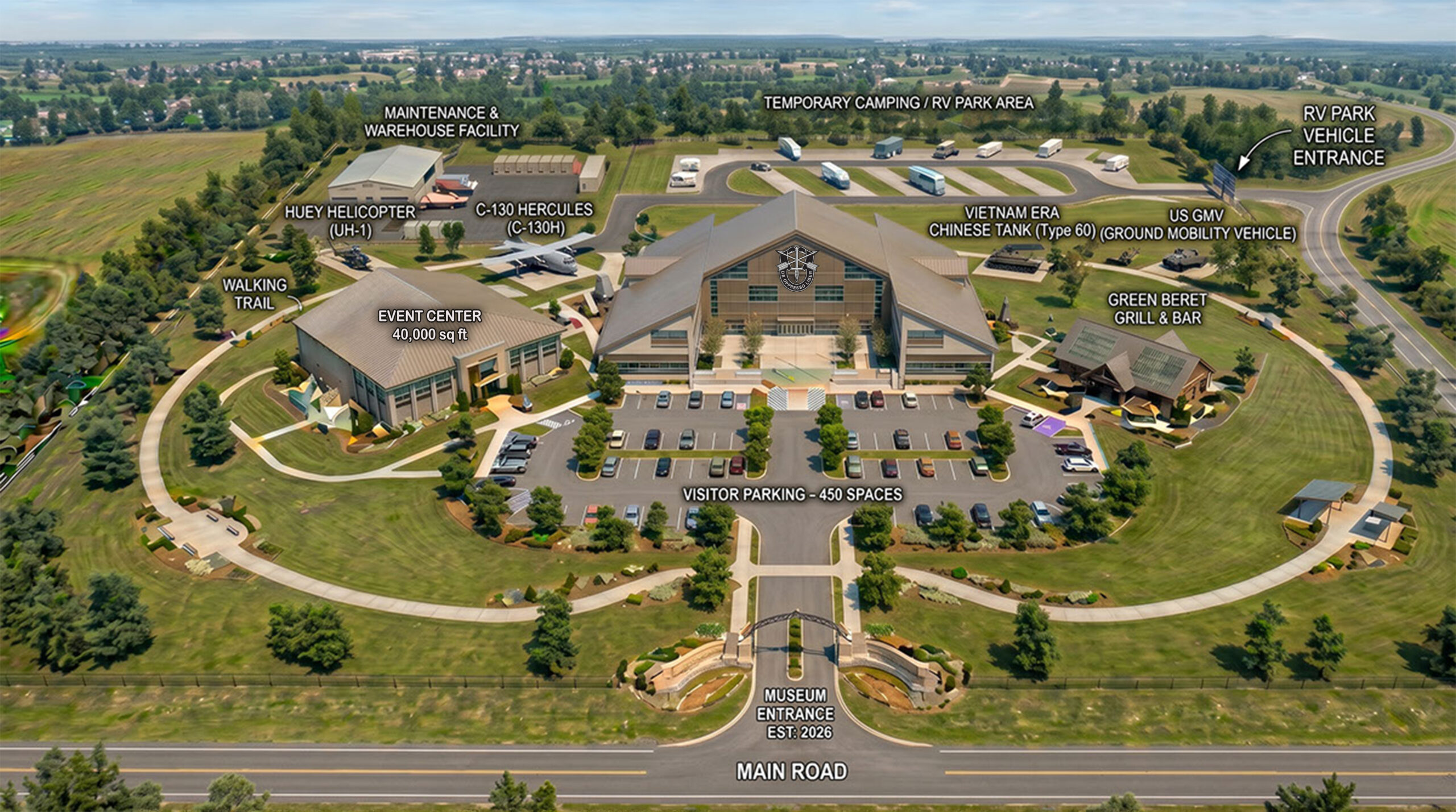 Aerial rendering of military museum campus with aircraft displays