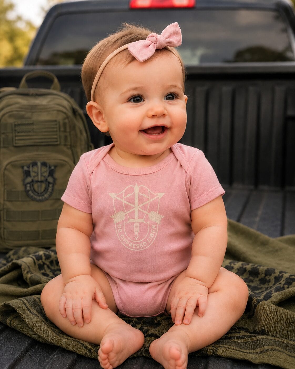 Smiling baby in pink outfit sitting in truck bed