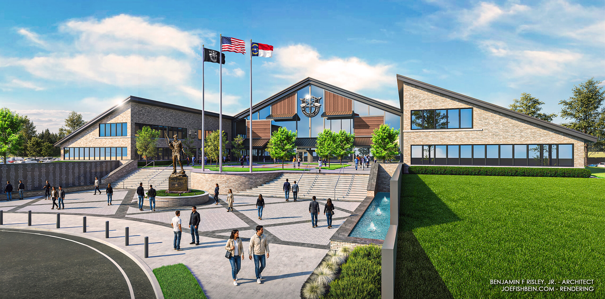 Modern school building with flags and statue plaza
