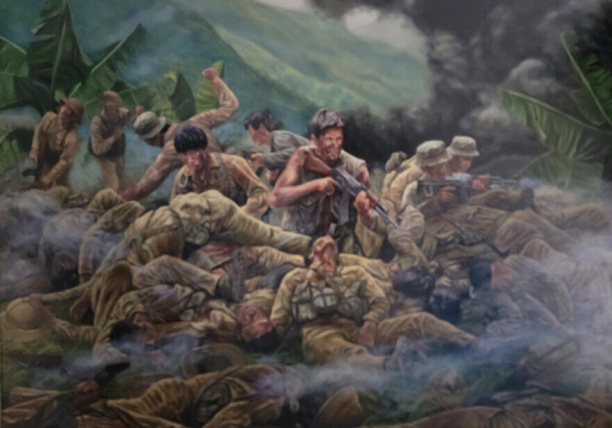 World War II battle scene with soldiers.
