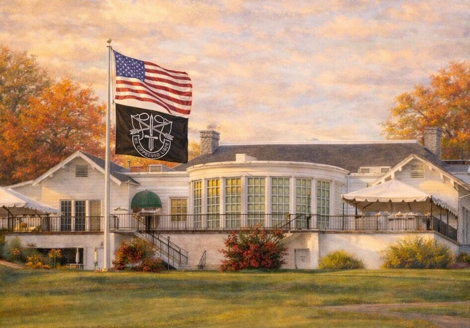 Clubhouse with American and POW flags in autumn
