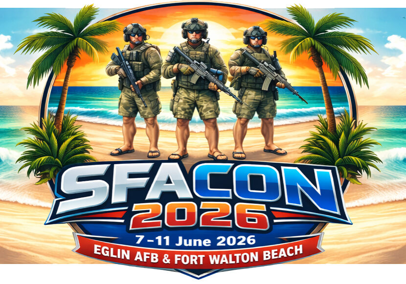 SFACON 2026 logo with soldiers on beach