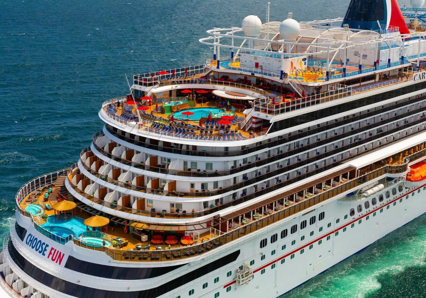 Carnival cruise ship with pools sailing at sea